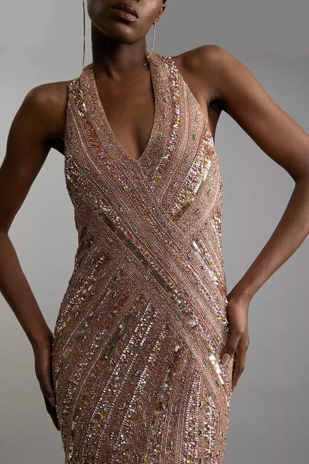 Petite Metallic Embellished And Beaded Halter Maxi Dress